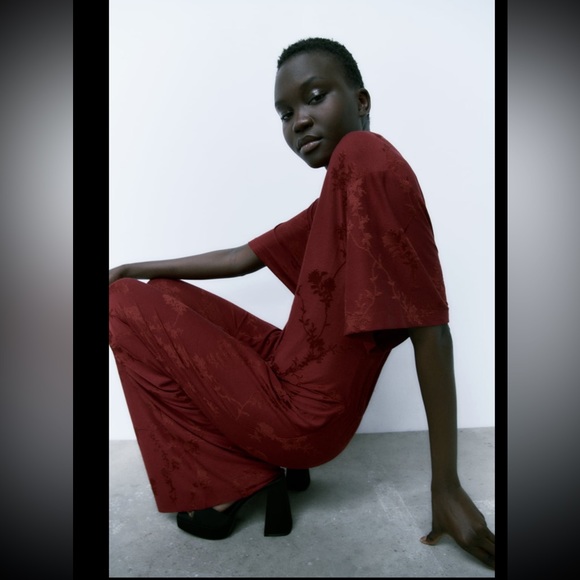 Zara Burgundy Jacquard Jumpsuit - Picture 2 of 8